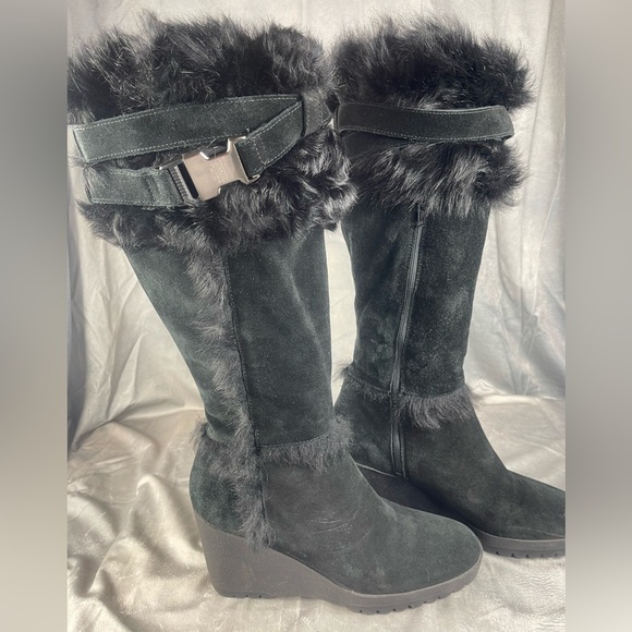 Coach Black Suede Wedge Boots Rabbit Fur Trim Size 11 Sharma Made in Italy🇮🇹 - Picture 10 of 17